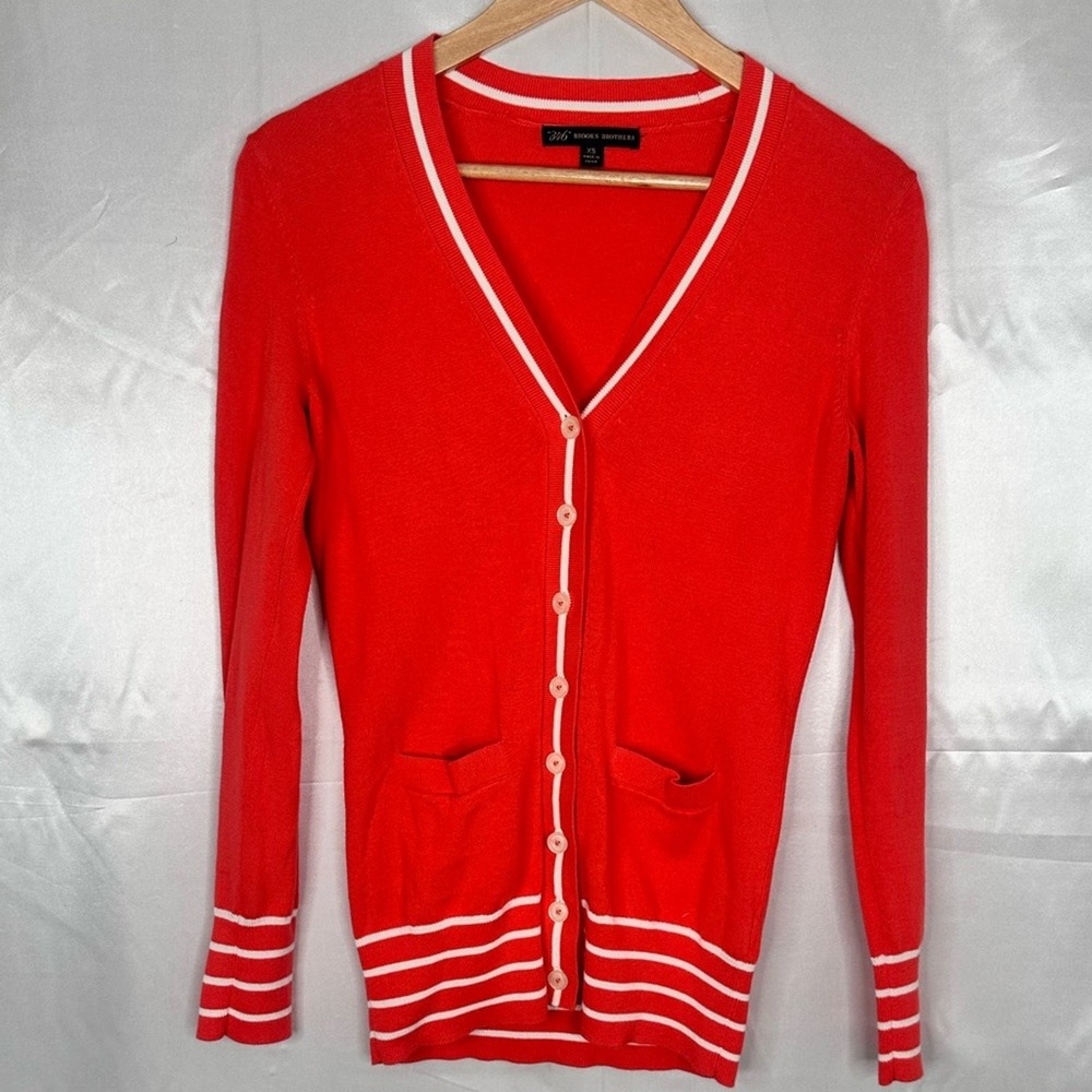 Brooks Brothers 346 Red White Striped V-Neck Cardigan Sweater Womens XS